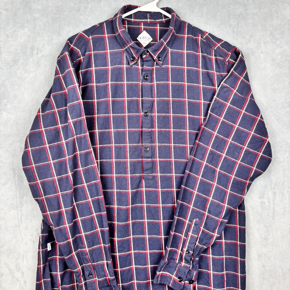Fairplay Los Angeles Mens XL Navy Plaid Popover Flannel Shirt Button Down Collar